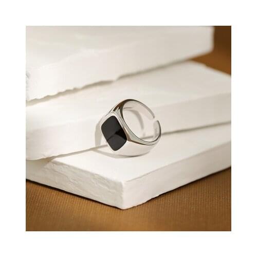 1pc Authentic S925 Sterling Silver Fine Jewelry Black Enamel Square Band Ring Adjust TLJ1074