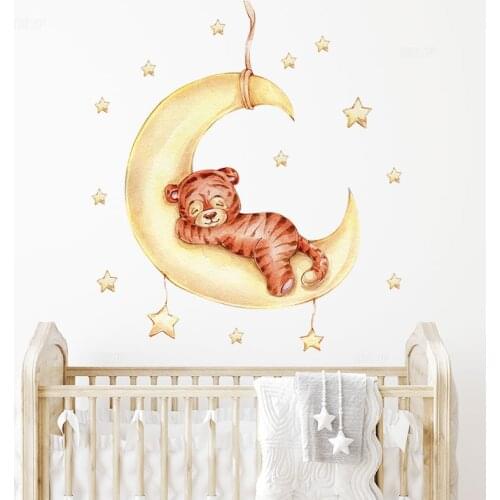 Watercolor Cartoon Tiger Sleeping on the moon Wall Stickers Stars Wall Decals Baby Nursery Room Decoration HOME Interior Decor