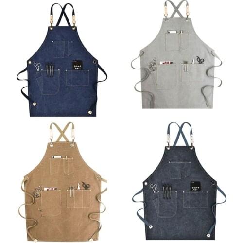 Chef Apron Cotton Canvas Cross Back Adjustable Apron with Pockets for Women and Men, Kitchen Cooking Baking Bib Apron, A