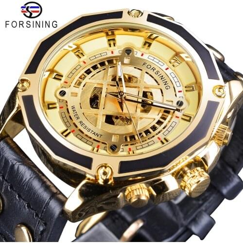 Forsining Half Skeleton Golden 2019 New Design Unique Dial Black Military Genuine Leather Mens Automatic Watch Top Brand Luxury