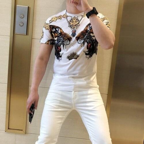 Summer Customized Mens Hot Rhinestone Round Neck T-sShirt Original High-End Tiger Print Luxury Casual Short Sleeve