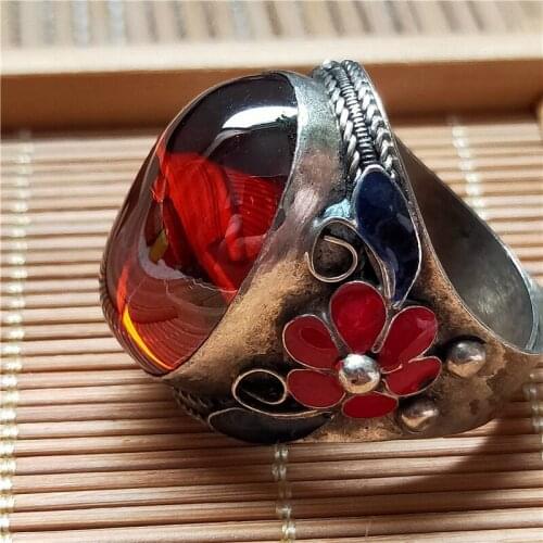 Chinese antique bronze antique jewelry silver inlaid with ruby ring