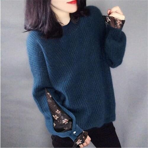 Korean Patchwork Fake Two Woman Sweaters Winter Clothes Loose Knitted Pullovers Sueter Mujer O-neck Long Sleeve Jumper Coat