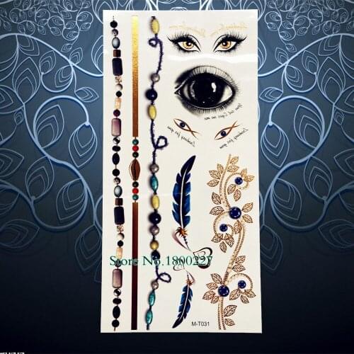 Beauty Women Eye Design Fake Gold Flash Tattoo Stickers Women Body Art Arm Tattoo Bracelets Feather 21x10CM Sexy Party