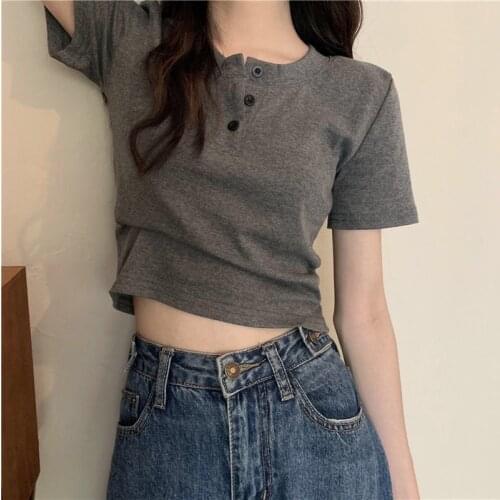 Summer Short Shirt Button O-neck T-shirts for Women Casual O-neck Kawaii Clothes Solid Basic Tees Tops Harajuku Gray White Black