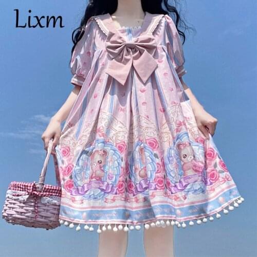 New Design Lolita Dress Sweet Bear Canned Printing Kawaii Cute Cool Summer Navy Collar Short Sleeve Tea Party Dress
