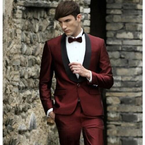 Fashionable One Button Wine Groom Tuxedos Groomsmen Shawl Lapel Mens Suits Blazers (Jacket+Pants+Tie) W:923
