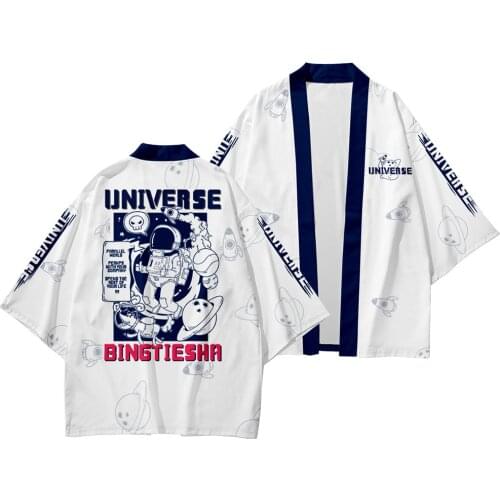 Men Harajuku Japanese Style Traditional Cardigan Pants Suit Yukata Streetwear White Astronaut Print Kimono Haori Obi