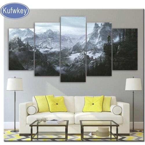 KUFWKEY Diamond Painting 5 piece of set"Snow mountain skyrim"full resin round drill mosaic for Living Room Decoration Wall Art