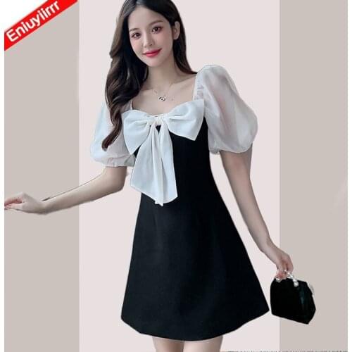 2021 New Design Womens Fashion Cute Winter Basic Wear Mini Little Black Double Breasted Patchwork White Shirt Dress Big Bow Tie