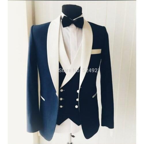 New Style Groomsmen Navy Blue Groom Tuxedos Shawl Ivory Lapel Men Suits Wedding Best Man Blazer ( Jacket+Pants+Tie+Vest ) C396