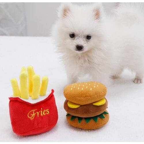 Pet Funny Dog Teeth Hamburger Puppy Chew Sound Novelty Stuffed Plush Toys French Fries Teething Squeaky