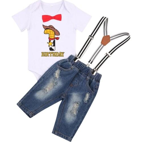 Baby Boys Casual Birthday Outfits, Cartoon Letter Printed Romper with Denim Ripped Suspender Pants Little Gentleman Clothes Sets
