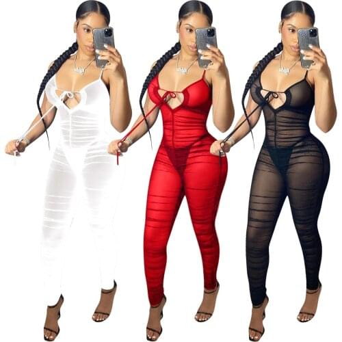 Sheer Mesh See Through V-neck Jumpsuit Strap Sleeveless Sexy Bodycon Pleated Rompers Summer Party Clubwear Outfits