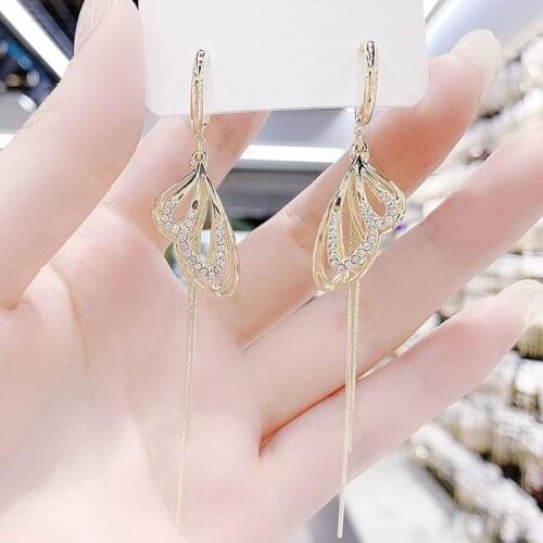 Korean high-end temperament long butterfly wings tassel earrings fashion face thin earrings