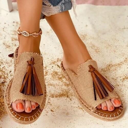 Womens slippers summer edge flat fringed hemp beautiful casual slippers outdoor beach sandals ladies shoes