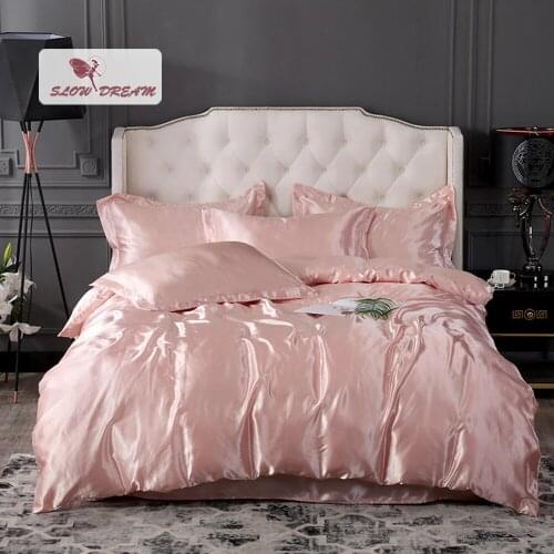 SlowDream Luxury Pink Satin Silky Bedding Set Home Bedspread Double Adult Queen King Family Bed Linen Set Duvet Cover Pillowcase