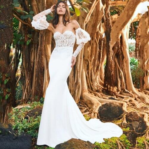 Eightree Vintage Wedding Dresses Boho Strapless Tulle Applique Lantern Sleeves Satin White Mermaid Bride Gowns 2021 Custom Size