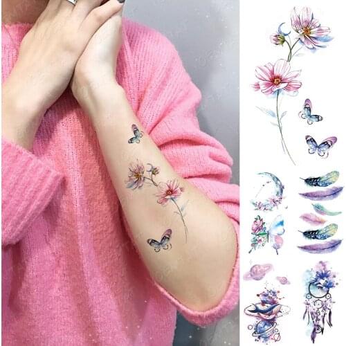 Waterproof Temporary Tattoo Sticker Watercolor Flowers Butterfly Flash Tatoo Feather Arm Wrist Fake Tatto For Body Art Women Men