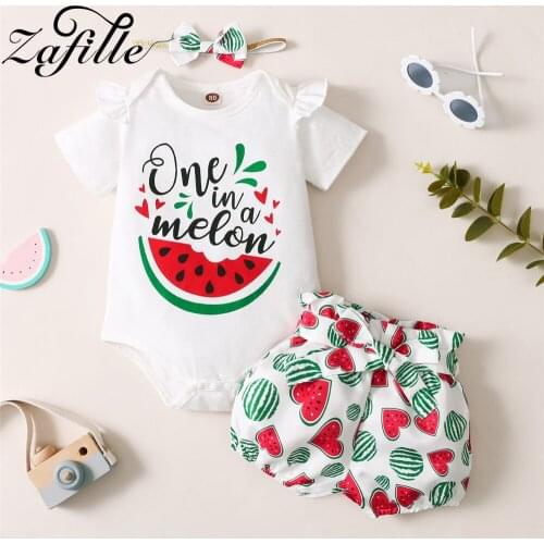 ZAFILLE Newborn Kids Baby Girl Clothes 3pcs Set Summer Watermelon Printed Romper Bowknot Shorts Headbands Toddler Girl Outfits