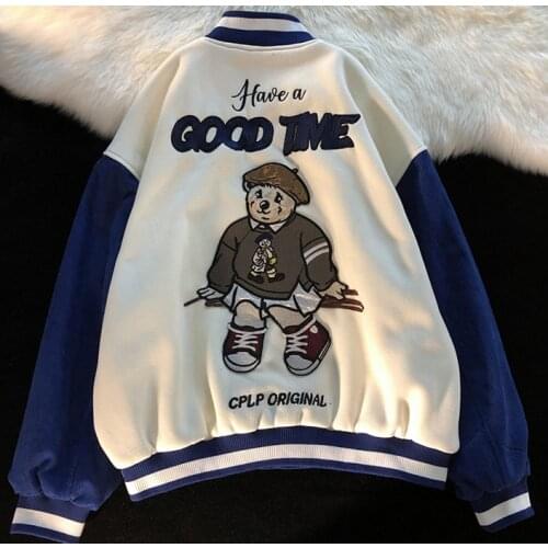 Oversized Women Baseball Suits Fashion Stitching Stand Collar Embroidery Bear Streetwear Couples Jackets Бейсбольная форма