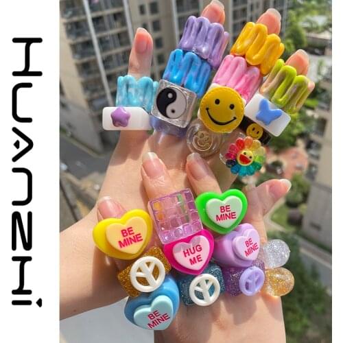 HZ 2021 New Korean Smiley face Yin Yang Colorful Clear Geometry Square Heart Letter Resin Acrylic Rings for Women Jewelry