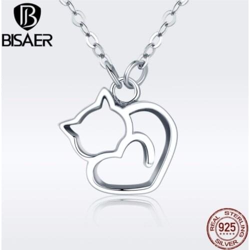 2019 New Arrival 925 Sterling Silver Cute Animal Necklace Lovely Cat Heart Pendant Necklace for Women Sterling Silver Jewelry