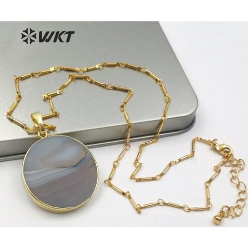 WT-N1150 Grey Strip Agates Necklace Round Shape Agates Pendant With Gold Trim Women Boho Necklace Natural Agates Jewelry