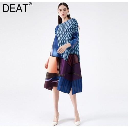 DEAT 2021 Pleated Dress Women Geometric Seven Sleeve Over Size Round Collar Wild Hit Color Casaul Summer Fashion Tide AM402