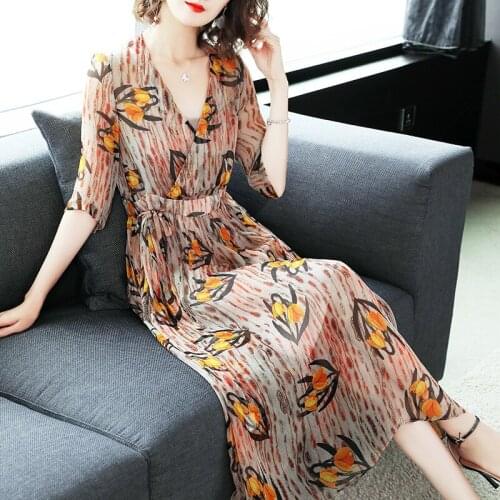 Real Summer Silk Dress Women Elegant Sexy V Neck Dresses Vintage Floral Print Vestidos Ladies Evening Party Dresses 9988772