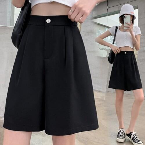 Black Suit Shorts Summer Loose Spodenki Damski Straight A-line Casual Capris High Waist Wide Leg Pants Trousers For Women
