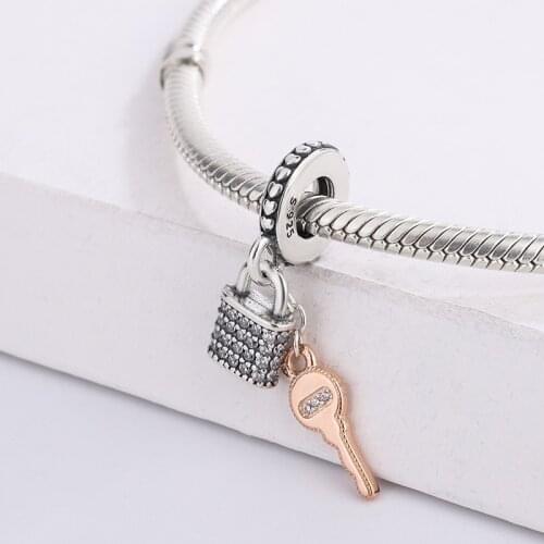 For Pandora 925 Sterling Silver Zirconia CZ Pave Padlock And Golden Key Pendant Charm Bracelet DIY Fashion Jewelry Making