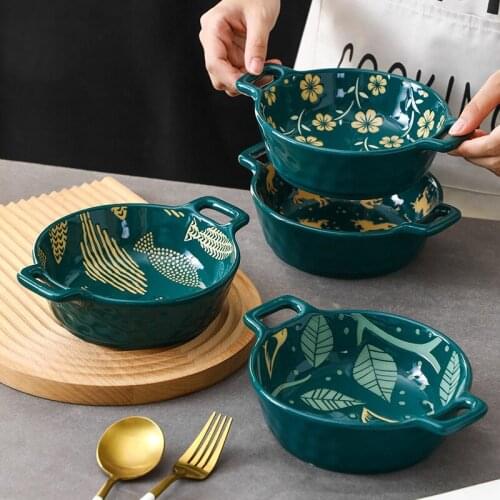 Two-eared round bowl Japanese ramen bowl ink green glaze under colored ceramic household noodle bowl salad bowl
