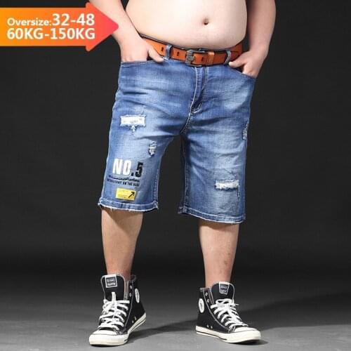 Summer Mens Loose Straight Ripped Denim Shorts Knee Length Large Size 40 42 44 46 48 Light Blue Hole Print Jeans Short Male