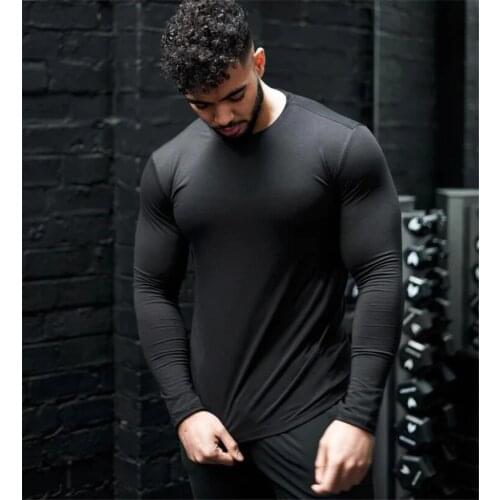 Plain Cotton Fitness Long Sleeve T Shirt Men 2020 Spring Autumn Slim Fit T-Shirt Man O-neck Tee Shirt Gym Bodybuilding Tshirt