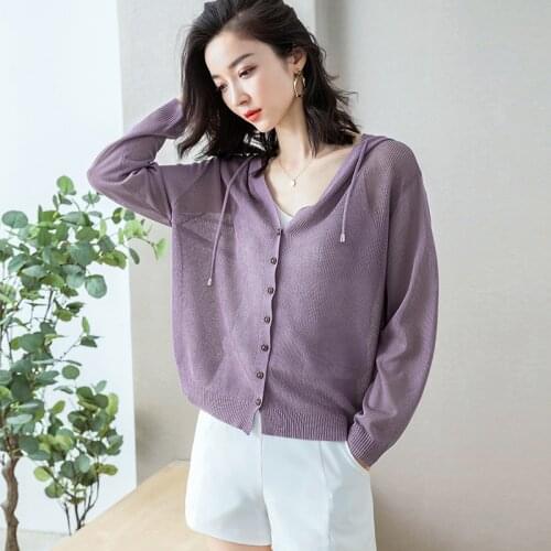 Cardigan Long Sleeve Knitted Sweater Women Button Up Hooded Knit Tops 2020 Autumn Thin Sun Protection Loose Solid Color Jacket