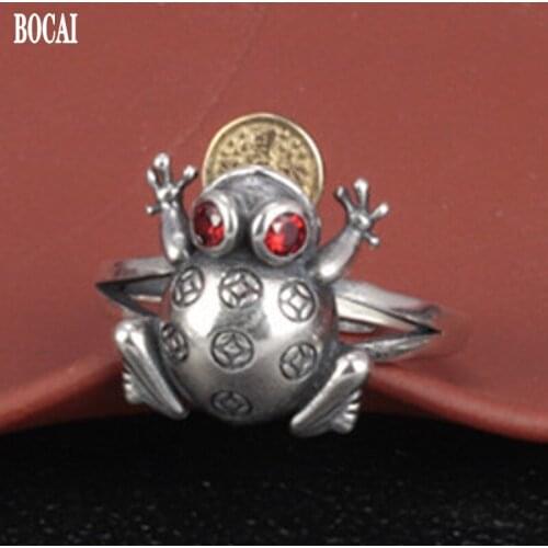 BOCAI New S925 pure silver good luck golden toad ring vintage coin adjustable woman ring, copper coin can be rotated