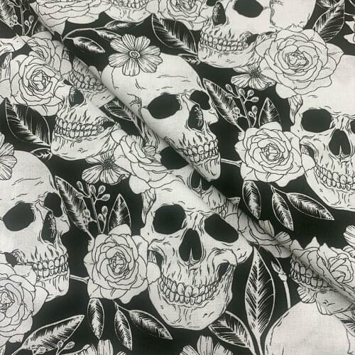 Cool 100% Cotton Fabric Black/White Bottom Skull Rose Pattern Digital Print Sewing Material DIY Home Patchwork Dress Clothing