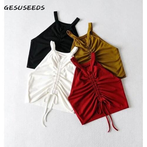 Sexy Tank Top Women Off Shoulder Top Summer Sleeveless Tops Corset Solid Vest Tops Drawstring White Black Crop Top Red 2021