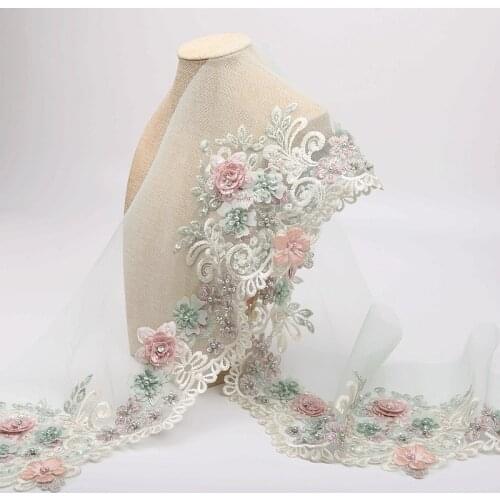 MLAEY Green Tulle Lace Trim Hand Beaded Sequined Patch For Wedding Supplies Bridal Hair Flower Headpiece Lace fabric Applique