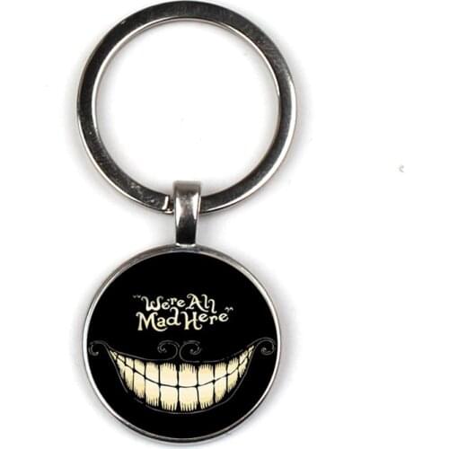Fashion Alice Adventures in Wonderland keychain Cheshire Cat Glass Cabochon keychain We're All Mad Here gift