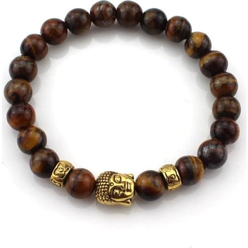 New Punk Antique Gold Color Buddha Head Bracelet Black Lava Stone Tiger Eye Beaded Bracelets For Men Women Pulseras Hombre
