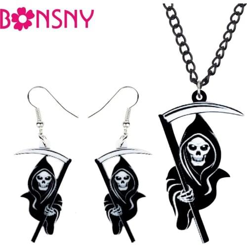 Bonsny Acrylic Jewelry Set Funny Frighten Grim Reaper Necklace Earrings Festival Pendant For Women Girls Lovers Gift NE+EA