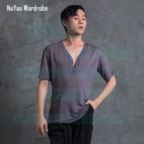 2021 New Latin Dance T Shirt for Men Short Sleeve Dance Tops for Ballroom Samba Tango Chacha Belly Dancing Performance AN1165