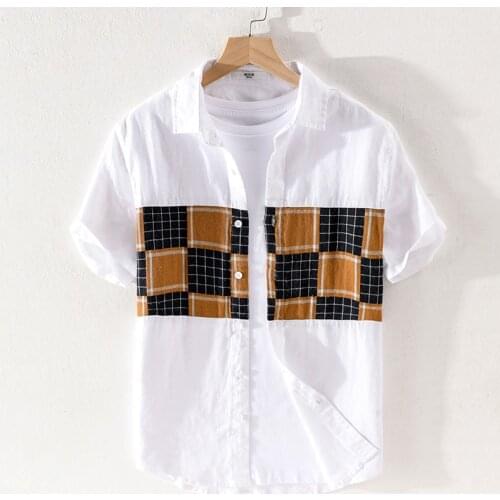 100% Linen brand causal shirt men summer white color patchwork short sleeve shirts for men breathable fashion shirt male chemise