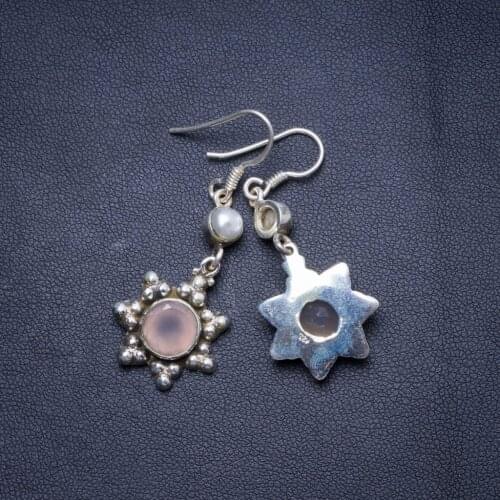 Natural Rose Quartz and River Pearl Handmade Unique 925 Sterling Silver Earrings 1.75" X4768