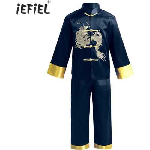 Kids Boys Chinese Traditional Embroidery Dragon Kung Fu Tang Outfit Childrens Sets Satin Tops Pants Halloween Cosplay Costumes