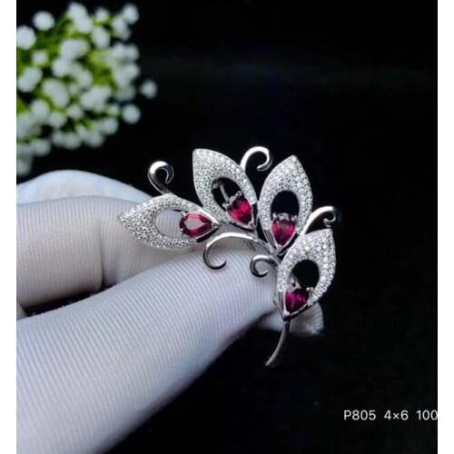 Natural red garnet brooch S925 silver Natural gemstone brooch Pendant trendy Butterfly Flower women two wears party fine jewelry