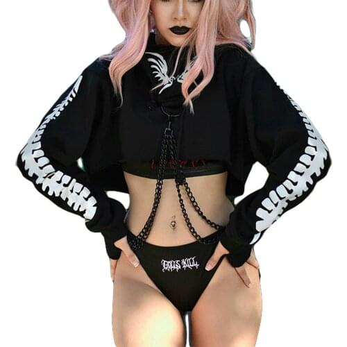 Women’s Casual Long Sleeve Sweatshirt Fashion Reflective Fish Bone Print Exposed Navel Hooded Tops