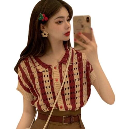 Women Summer Korean Style Tee Striped Bottoming Knitted Short Sleeves Sweet Tshirt Tops